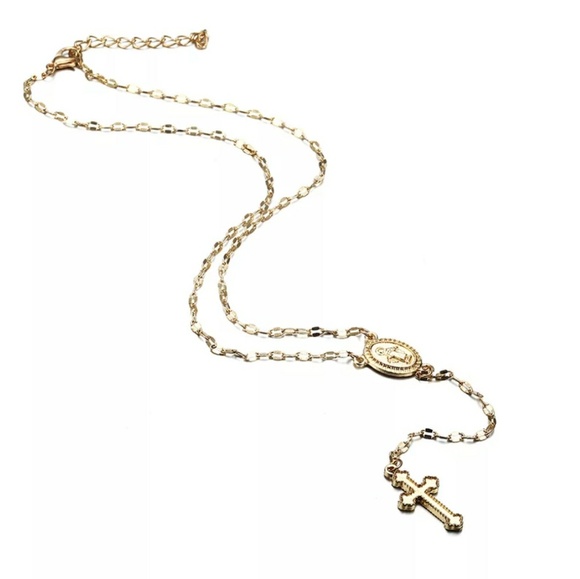 NEW Gold Tone Rosary lariat Cross Necklace - Picture 4 of 5